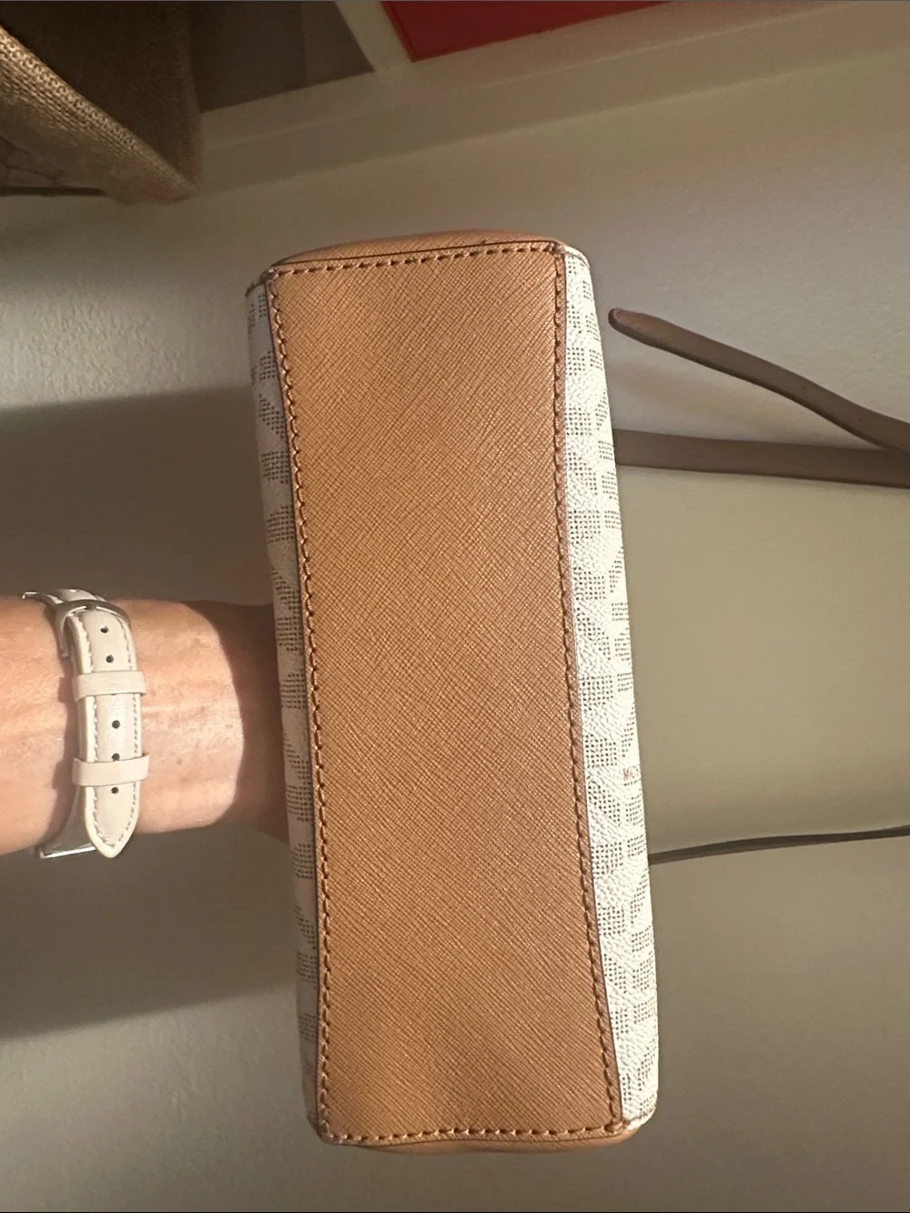 Michael Kors Tan and White Logo Crossbody Bag
